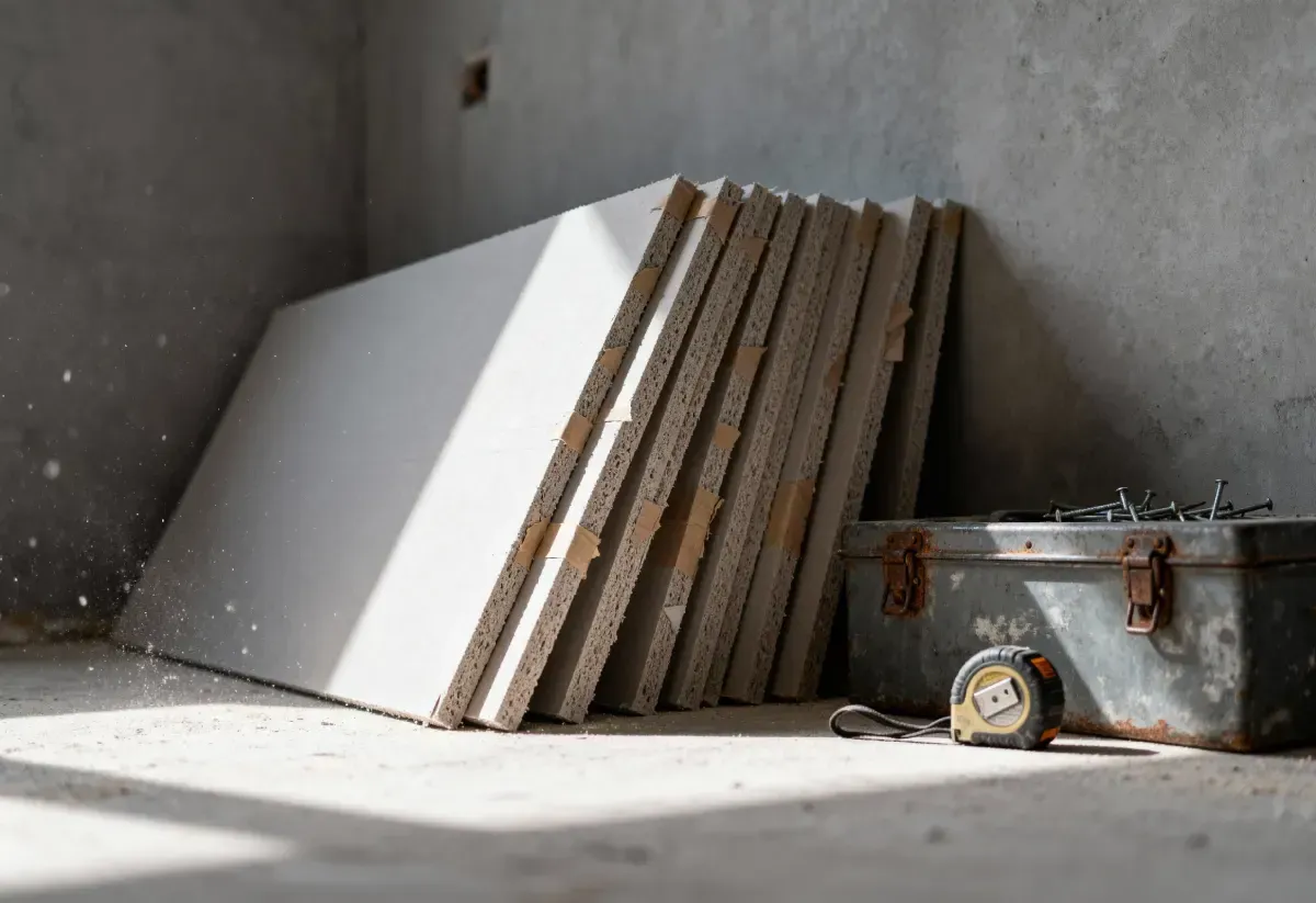 Pila de láminas de yeso apoyadas contra una pared de hormigón junto a una caja de herramientas y una cinta métrica.