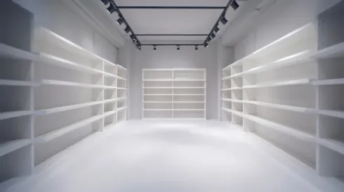 Interior de tienda blanco vacío con estanterías a lo largo de las paredes e iluminación de riel.