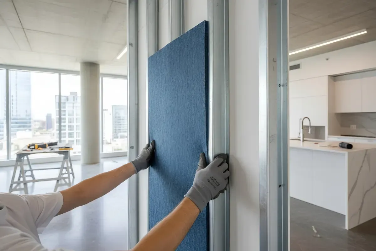 Persona instalando un panel acústico azul en una pared con montantes metálicos; interior.