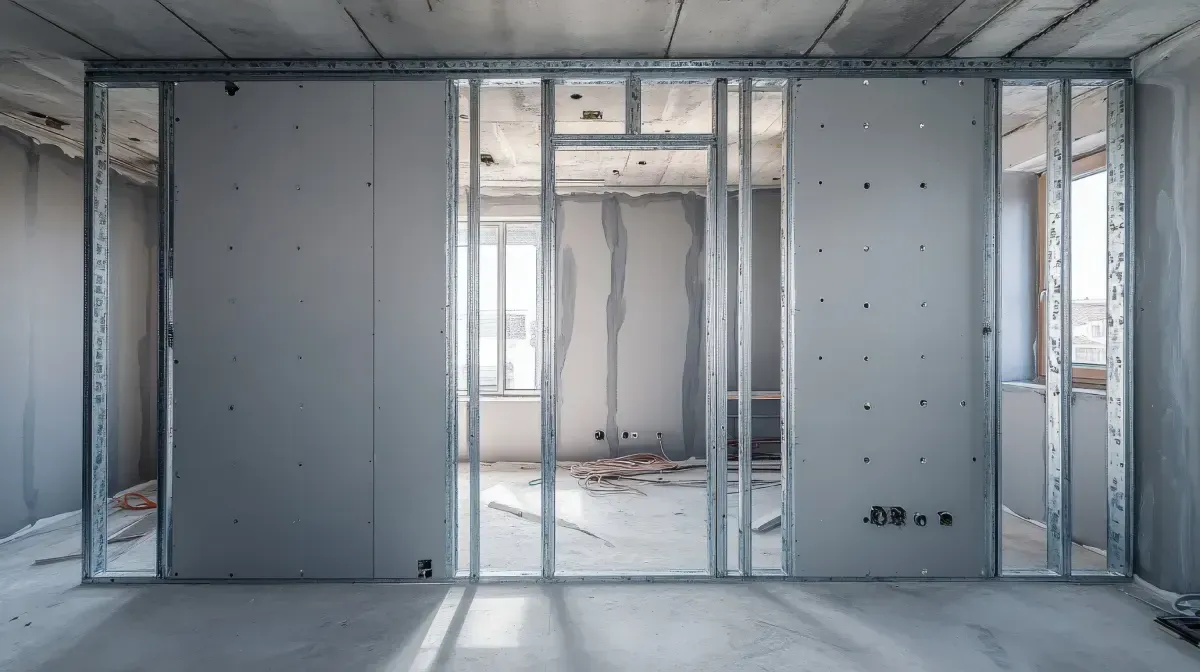 Interior de habitación en construcción con montantes metálicos y paneles de yeso parcialmente instalados.