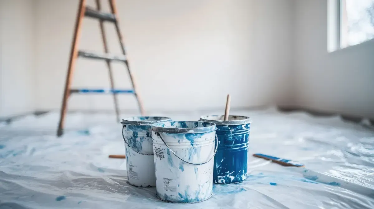 Persona pintando una pared con un rodillo de pintura; pintura gris sobre una pared blanca.
