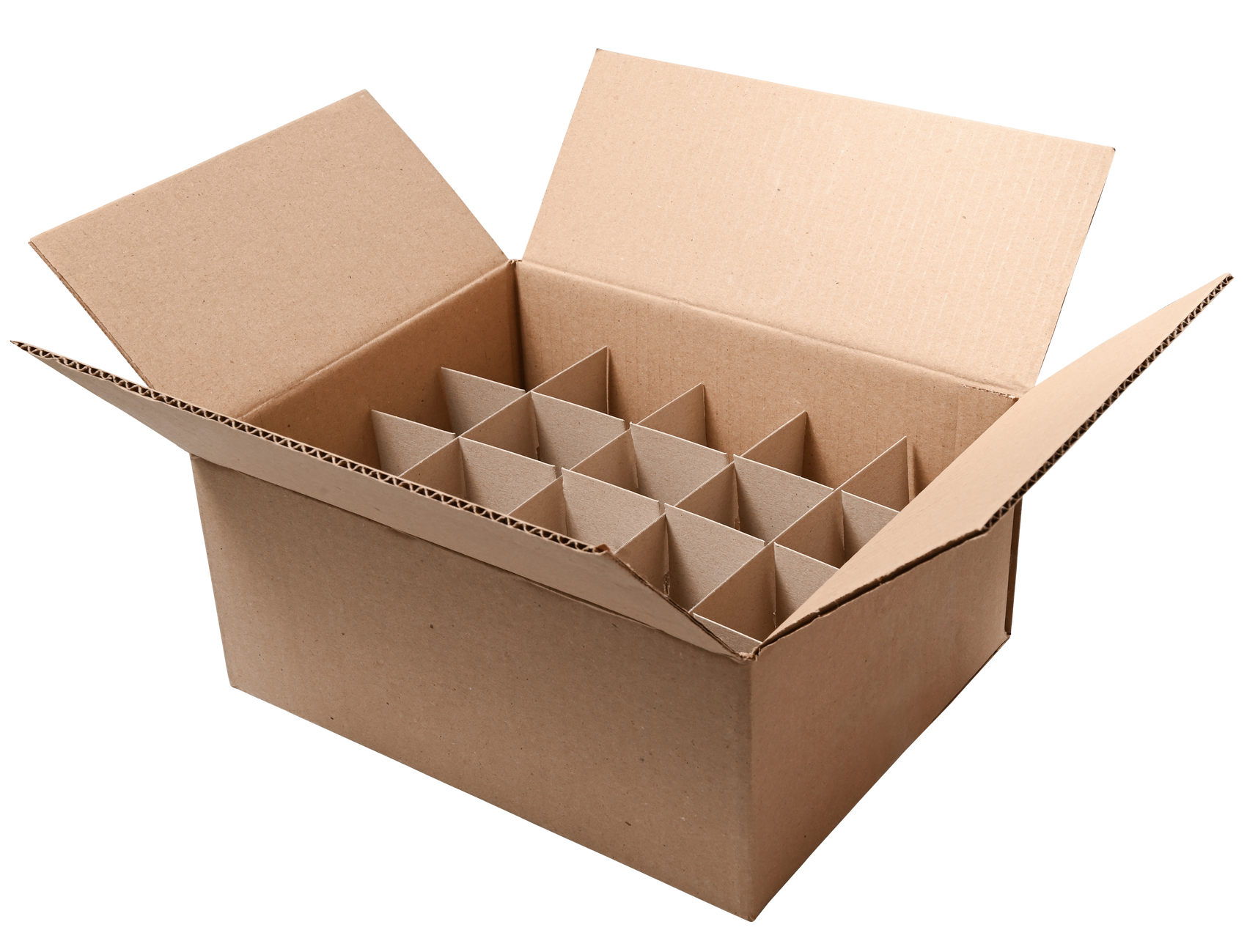 Ouvrir une boîte en carton avec des séparateurs internes pour les bouteilles.