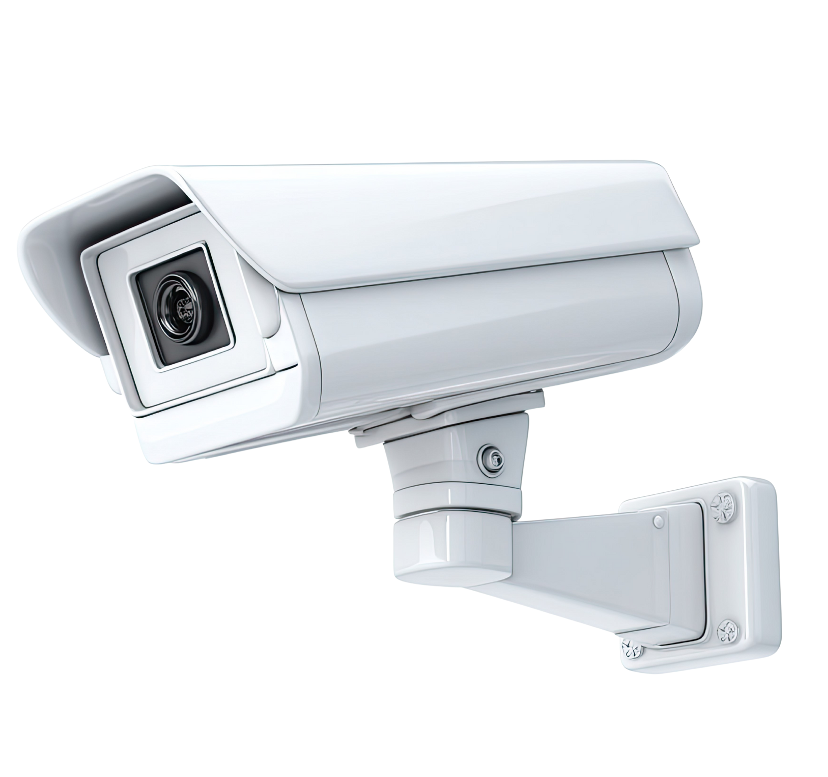 Caméra de sécurité blanche fixée sur un support mural.