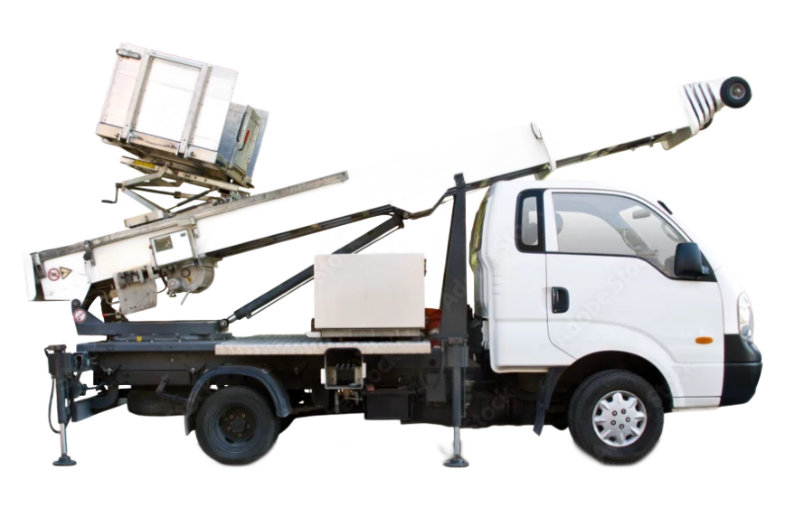 Camion blanc équipé d'une plateforme élévatrice.