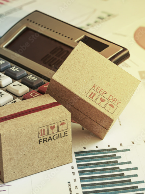 Une calculatrice à côté de deux boîtes en carton portant les mentions Fragile et À conserver au sec.