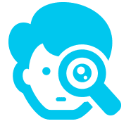 Icono de cara azul con una lupa sobre un ojo, que sugiere búsqueda o inspección.