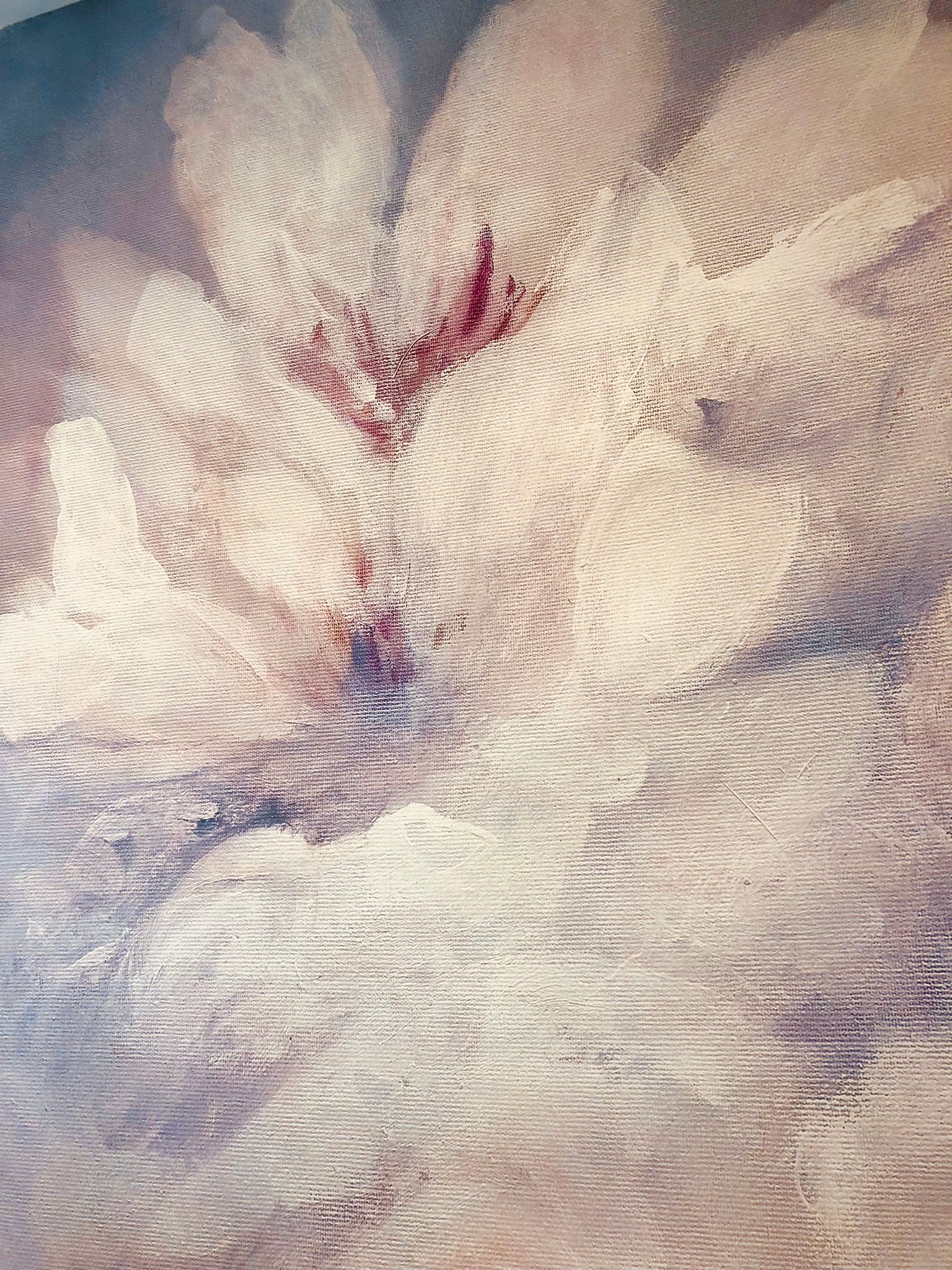 Eine Nahaufnahme eines Blumengemäldes auf Leinwand.