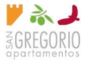 Logotipo de San Gregorio Apartamentos con una torre naranja, una rama de olivo verde y un pájaro rojo sobre texto gris.