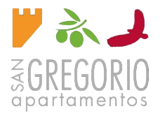 Logotipo de San Gregorio Apartamentos con una torre naranja, una rama de olivo verde y un pájaro rojo sobre texto gris.