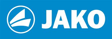 JAKO-Logo in Weiß auf blauem Hintergrund mit einem kreisförmigen, segelartigen Emblem