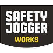 Das Logo von Safety Jogger Works in Weiß und Gelb auf schwarzem Hintergrund