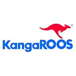 KangaROOS-Logo mit blauem Text und roter Känguru-Silhouette auf weißem Hintergrund