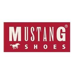 Mustang Shoes-Logo in Weiß auf rotem Hintergrund