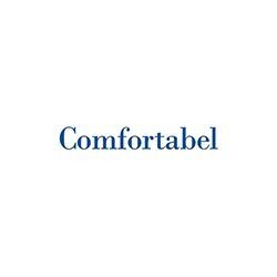 Blaue Serifenschrift mit der Aufschrift „Comfortabel“ auf weißem Hintergrund