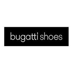 Schwarzer Schriftzug „Bugatti Shoes“ auf weißem Hintergrund