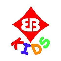 Rotes Logo mit weißem „EB“ über farbigen „KIDS“-Buchstaben auf weißem Hintergrund