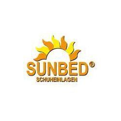 SUNBED Schuhlengen Logo mit gelbem Sonnensymbol und orangefarbenem Text