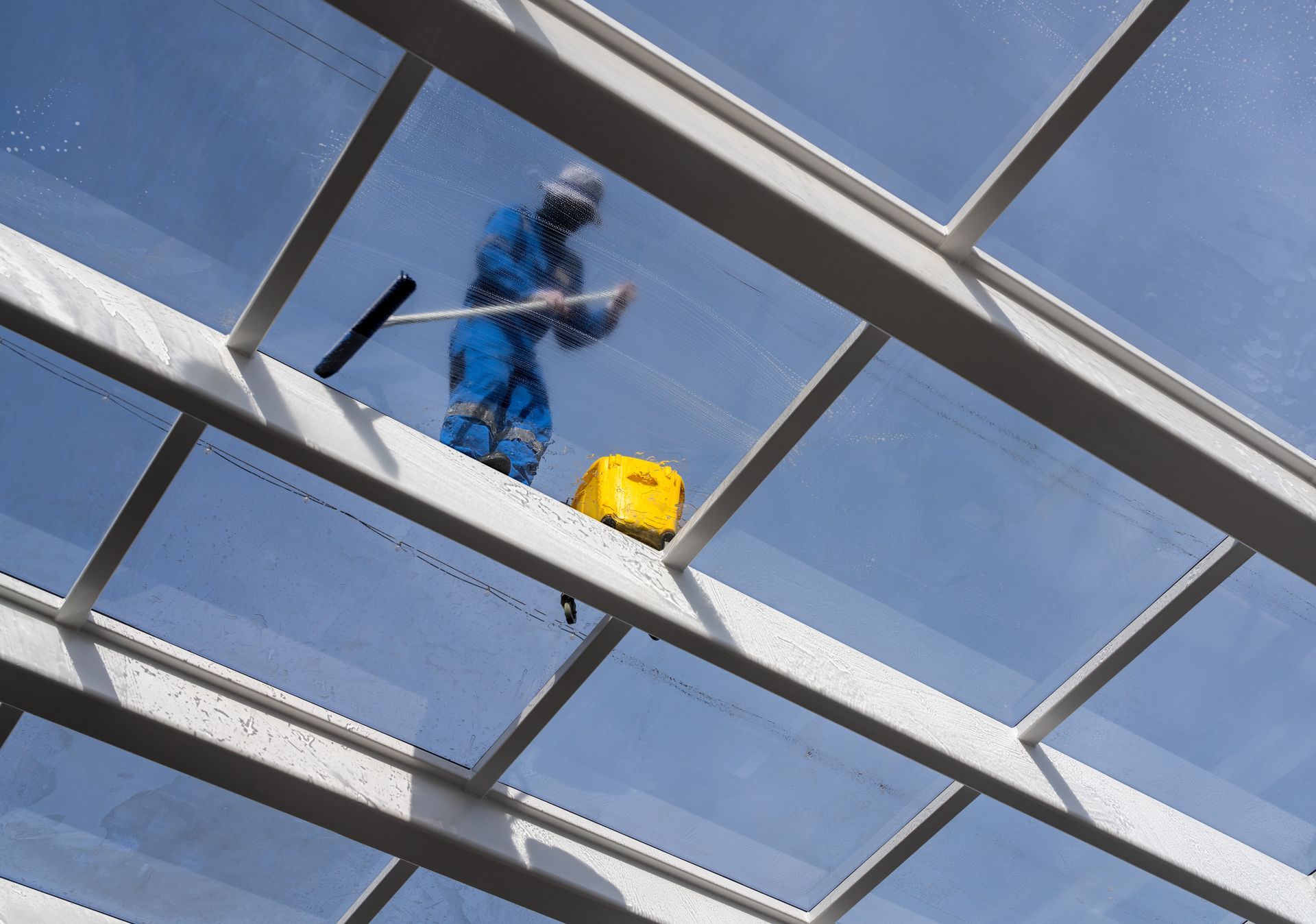 Professionnel nettoyant une verrière de toit