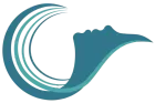 Logo abstrait évoquant une vague turquoise sur fond blanc