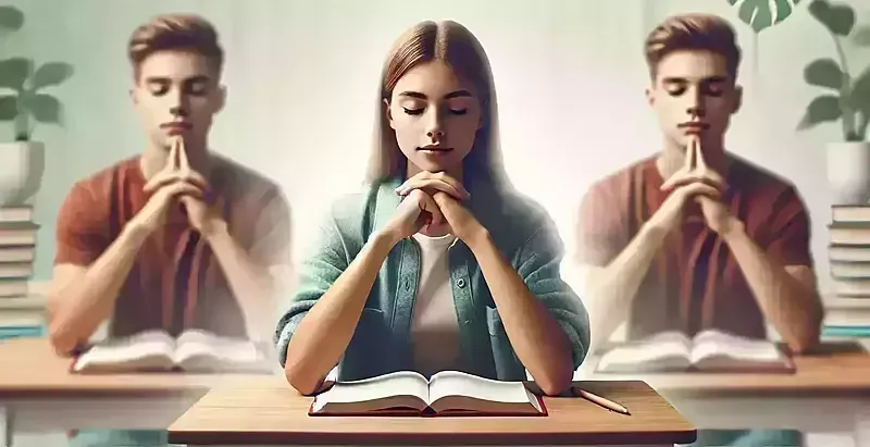 Trois élèves étudient à leur bureau ; au centre, un élève lit un livre ouvert dans une salle de classe paisible