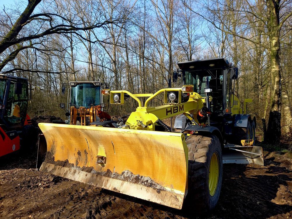 A yellow bulldozer is parked in the middle of a forest.