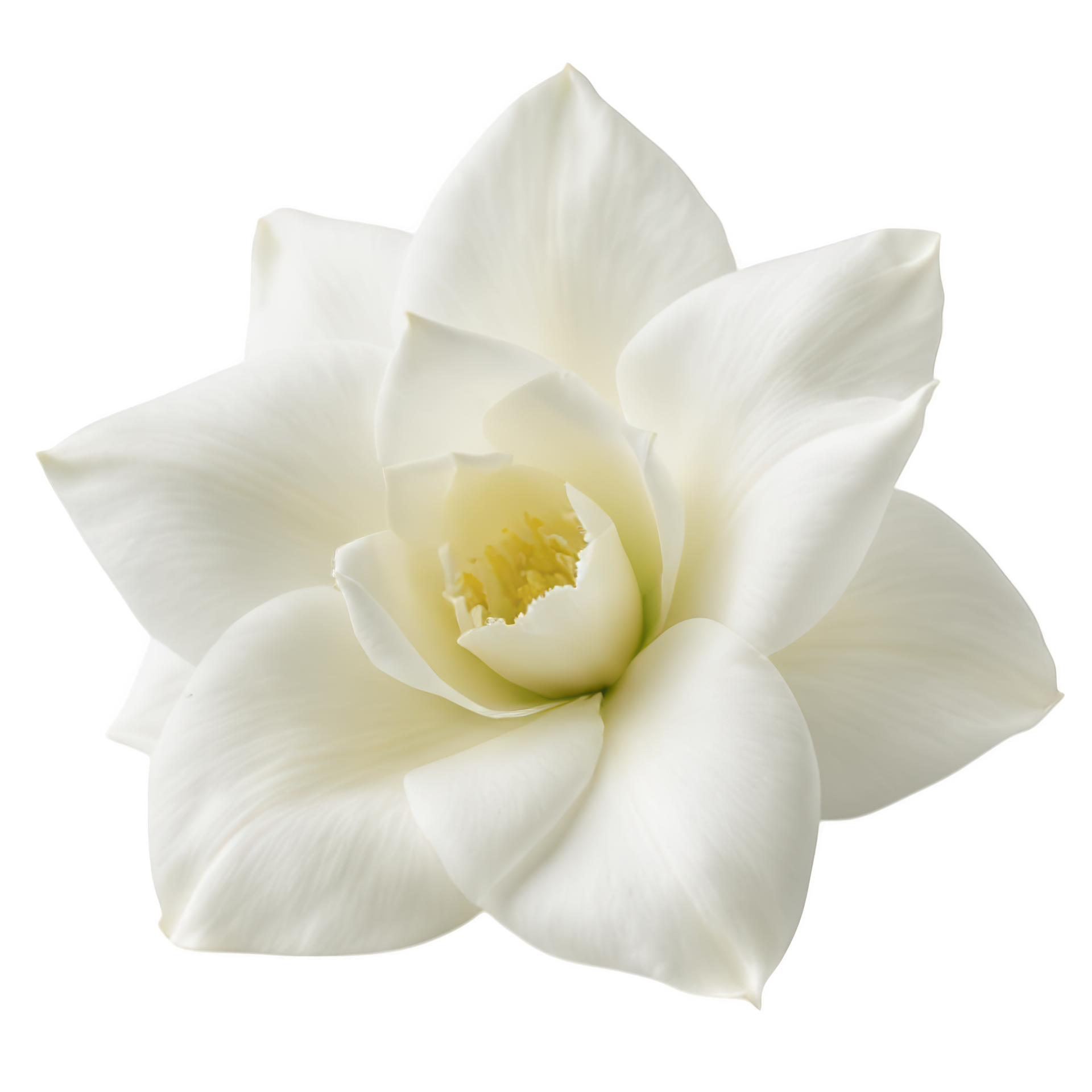 Une fleur de gardénia blanche à cœur jaune, isolée sur un fond blanc uni.