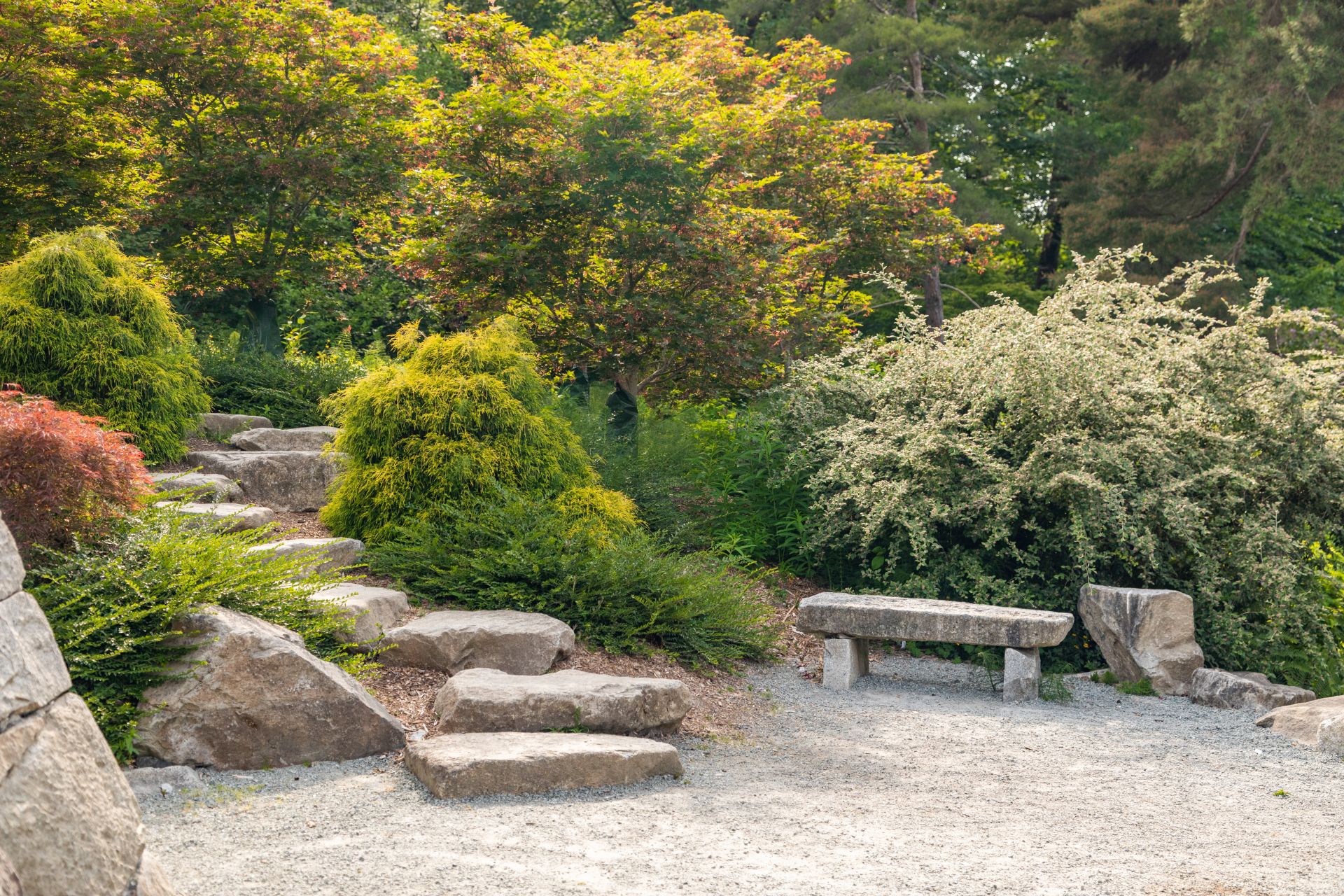 Petit banc de pierre dans jardin japonais