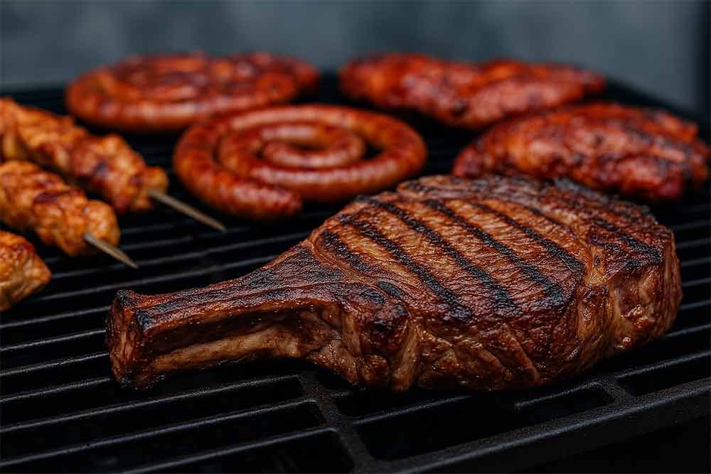 Auf einem Grill wird neben anderem Fleisch ein Steak gegart.