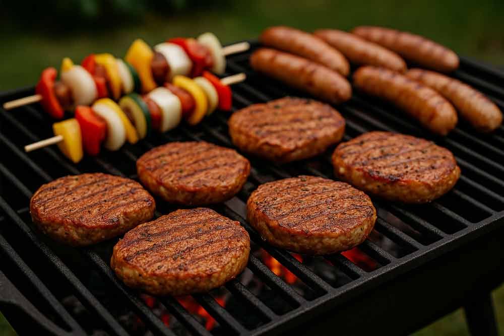 Auf einem Grill werden Hamburger und Würstchen zubereitet.