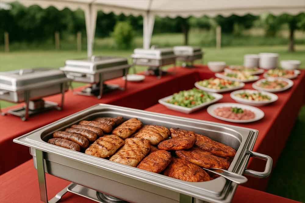 Ein Buffet-Tisch mit einem Tablett voller Essen darauf.