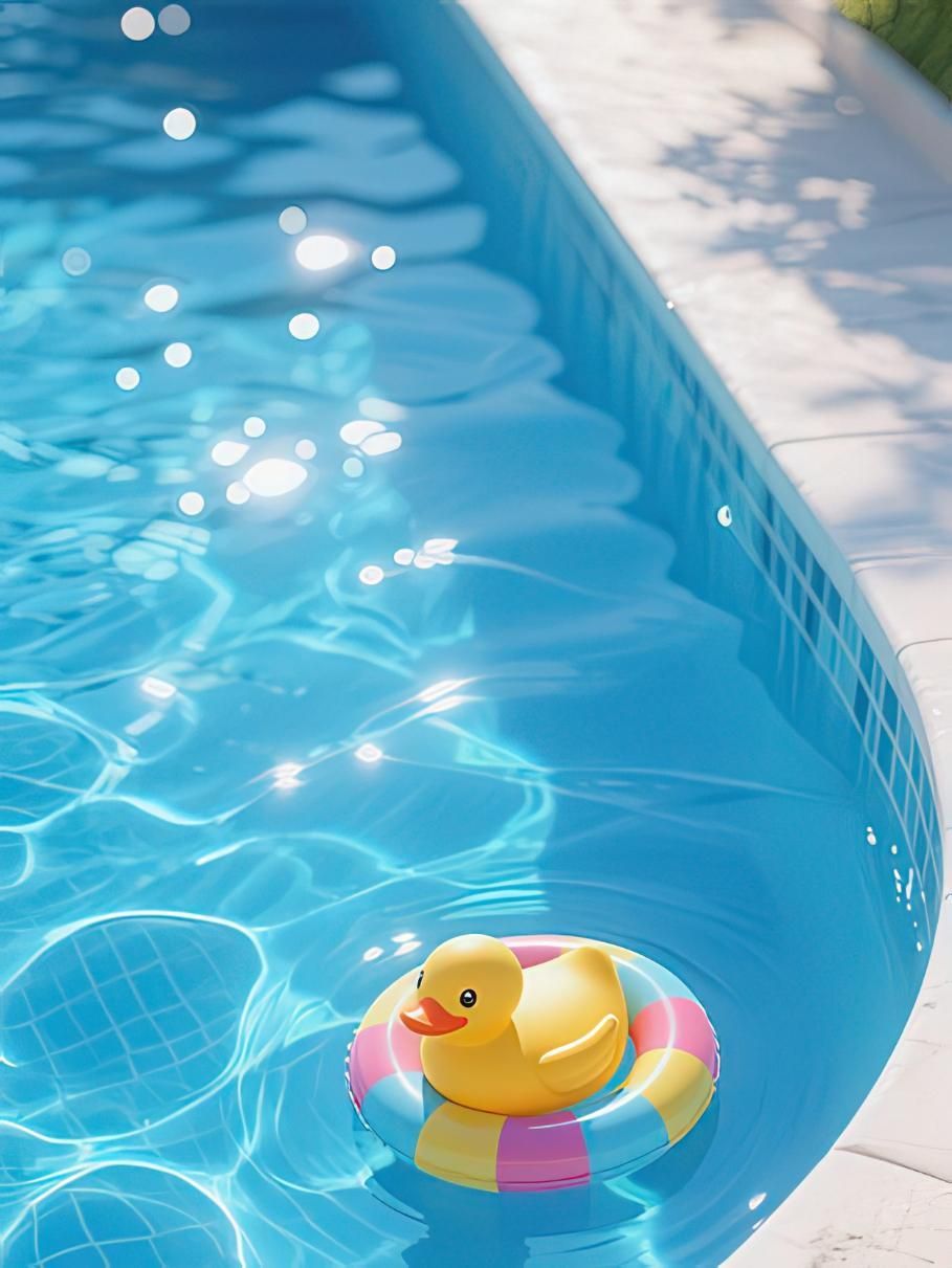 Un patito de goma amarillo dentro de una colorida cámara de aire a rayas flotando en una piscina azul.