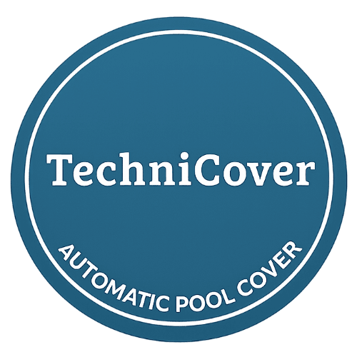 Un logotipo circular azul con el texto blanco "TechniCover" encima de las palabras "AUTOMATIC POOL COVER".