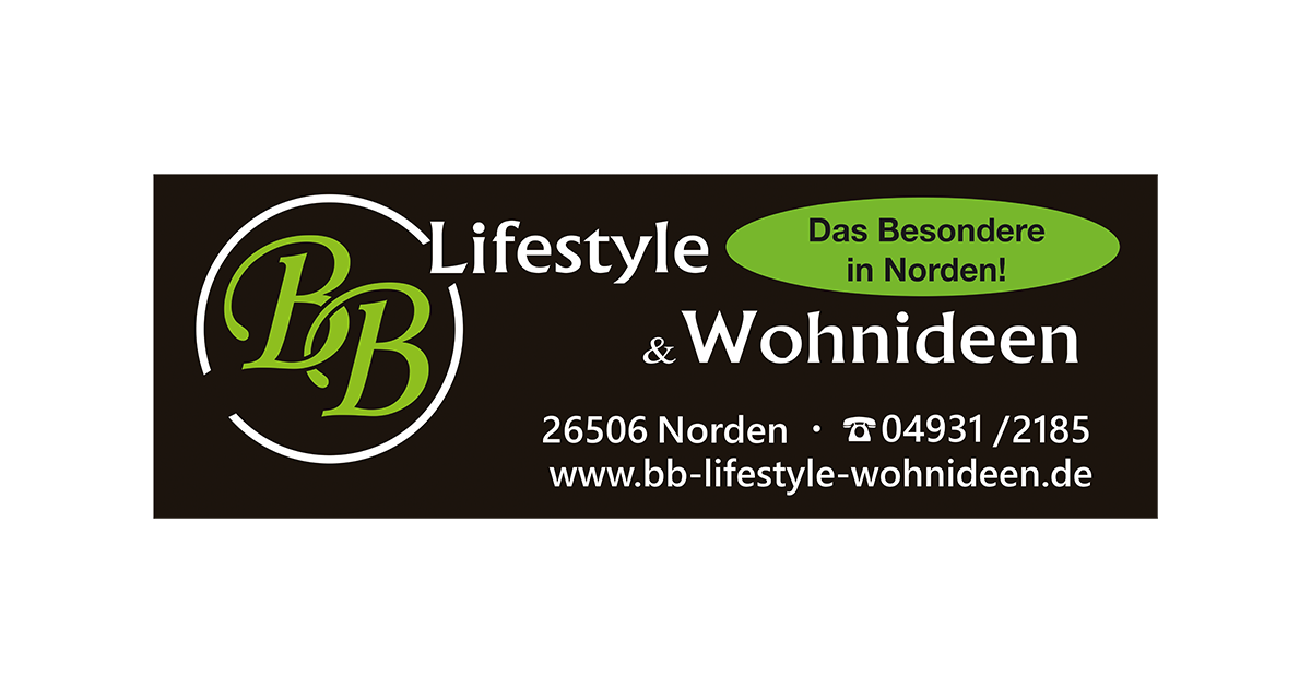 Logo für das Geschäft „BB Lifestyle & Wohnideen“ in Norden, Deutschland. Enthält Text, Adresse und Website.