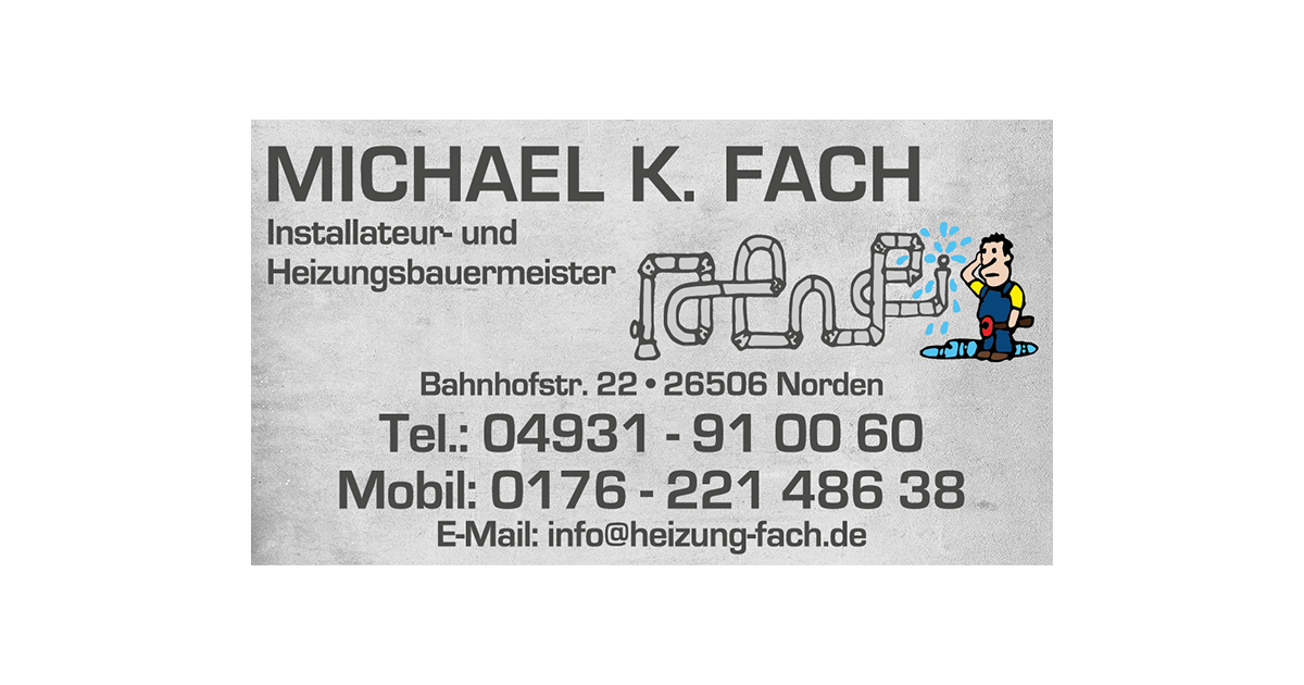 Visitenkarte für Michael K. Fach, Sanitär- und Heizungsinstallateur, mit Kontaktinformationen, Nordes, Deutschland.