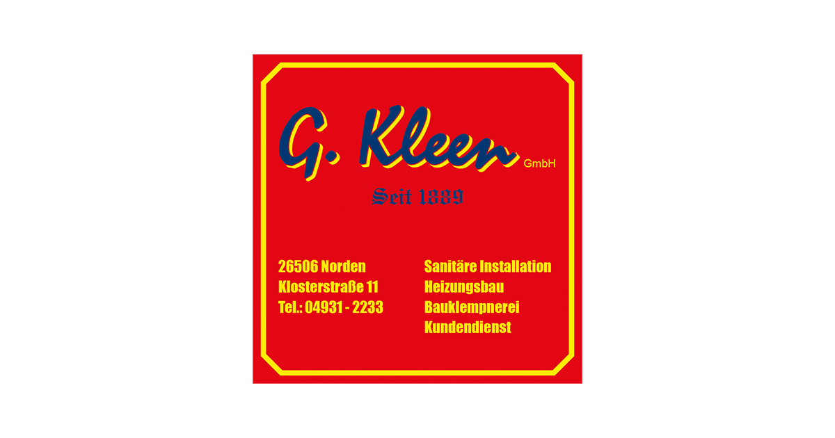 Logo mit rotem Quadrat und dem Text „G. Kleer, seit 1938“, sowie Adresse und Dienstleistungen