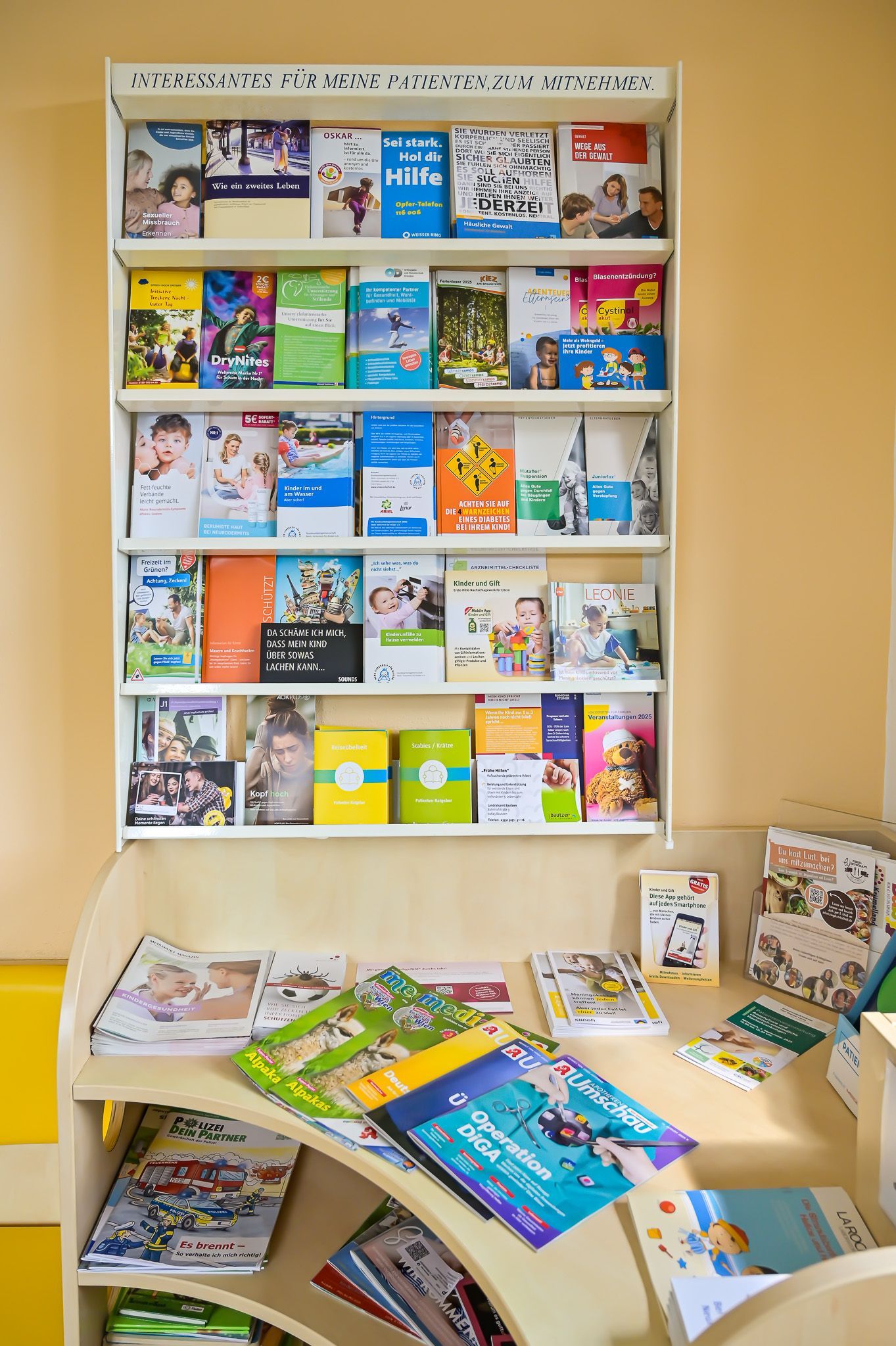 Ein Bücherregal voller Flyer in einem Zimmer. Darunter steht ein Tisch.
