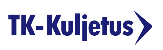 Tummansininen teksti "TK-Kuljetus" ja tummansininen oikealle osoittava nuoli.