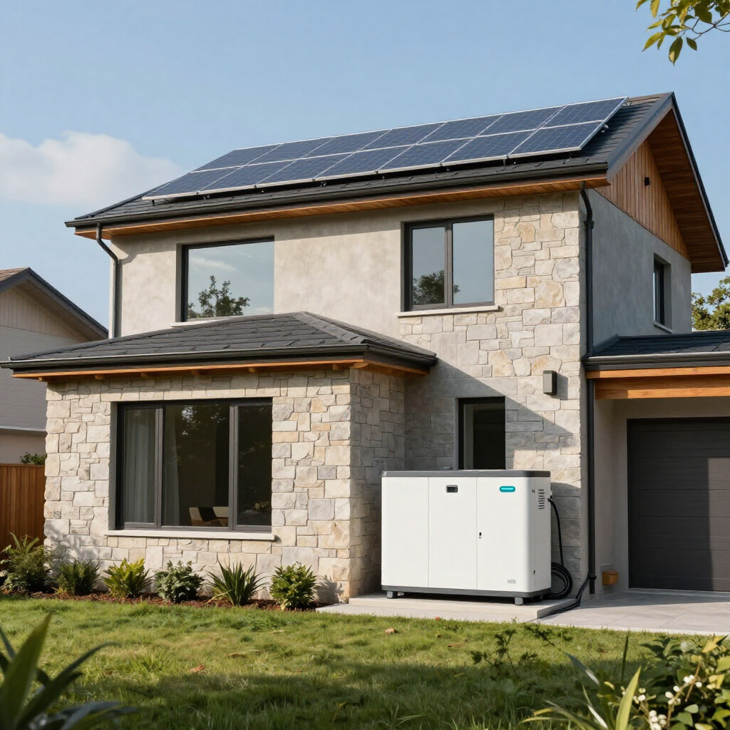 Moderna casa de piedra de dos plantas con paneles solares y un cargador para vehículos eléctricos blanco en la entrada.