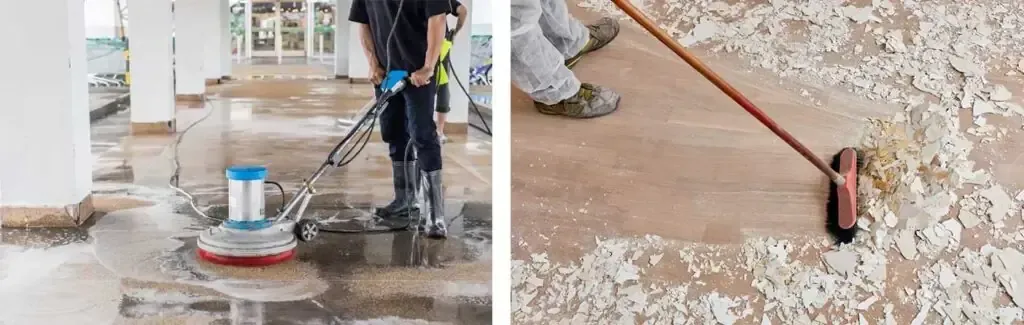 Persona que opera una máquina limpiadora de pisos; trabajador que utiliza un raspador para quitar un material de un piso.