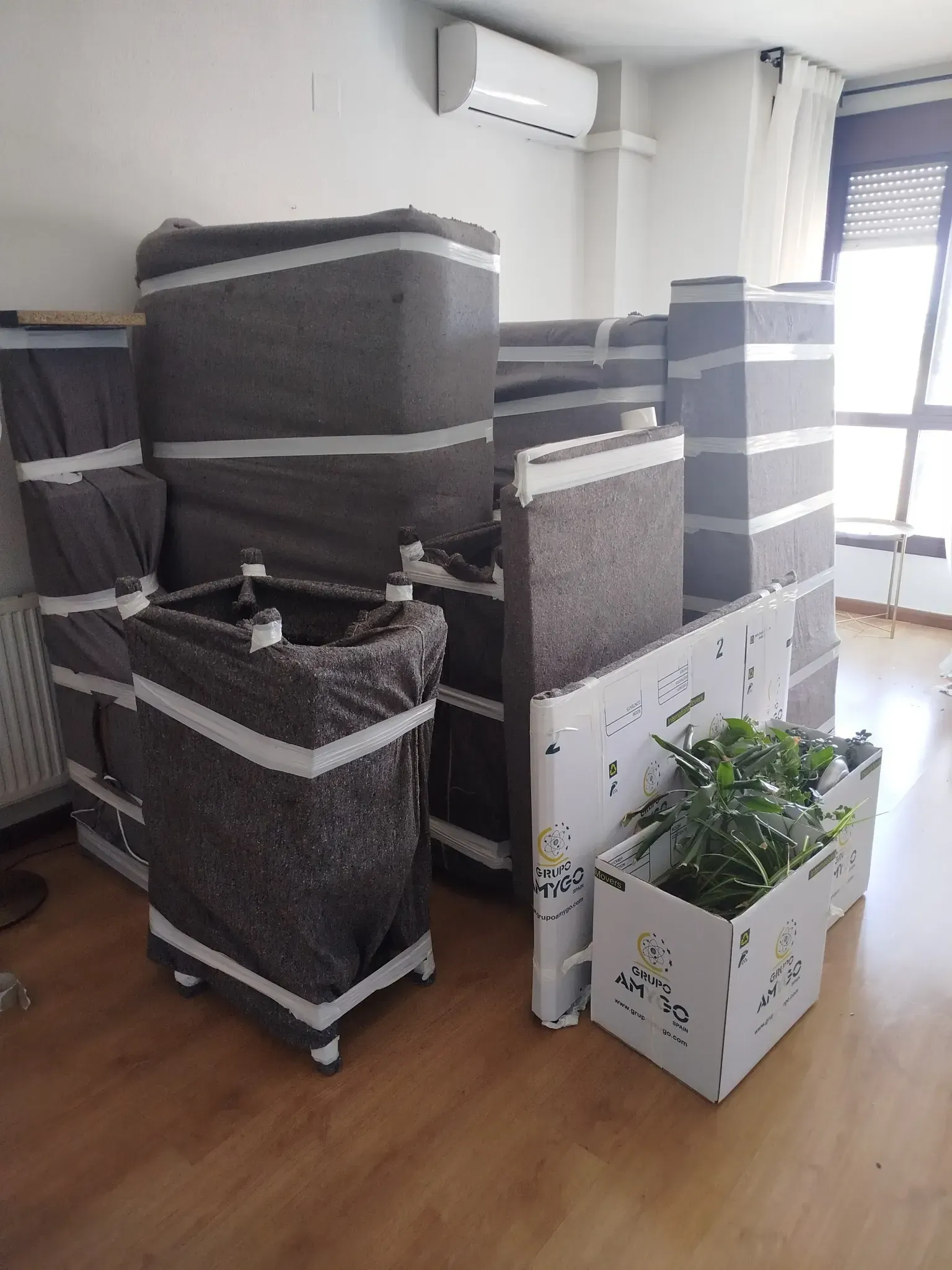 Cajas y muebles envueltos en una habitación, listos para mudarse, con un cesto de ropa sucia y plantas en macetas.