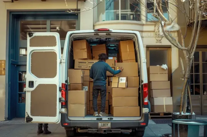 Repartidor organizando cajas dentro de una camioneta blanca, estacionada en una calle de la ciudad.