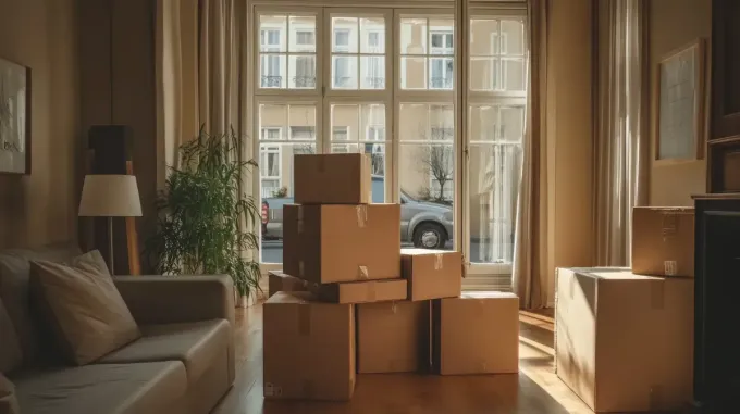 Sala de estar con cajas de cartón apiladas, luz solar entrando a través de una ventana grande, día de mudanza.