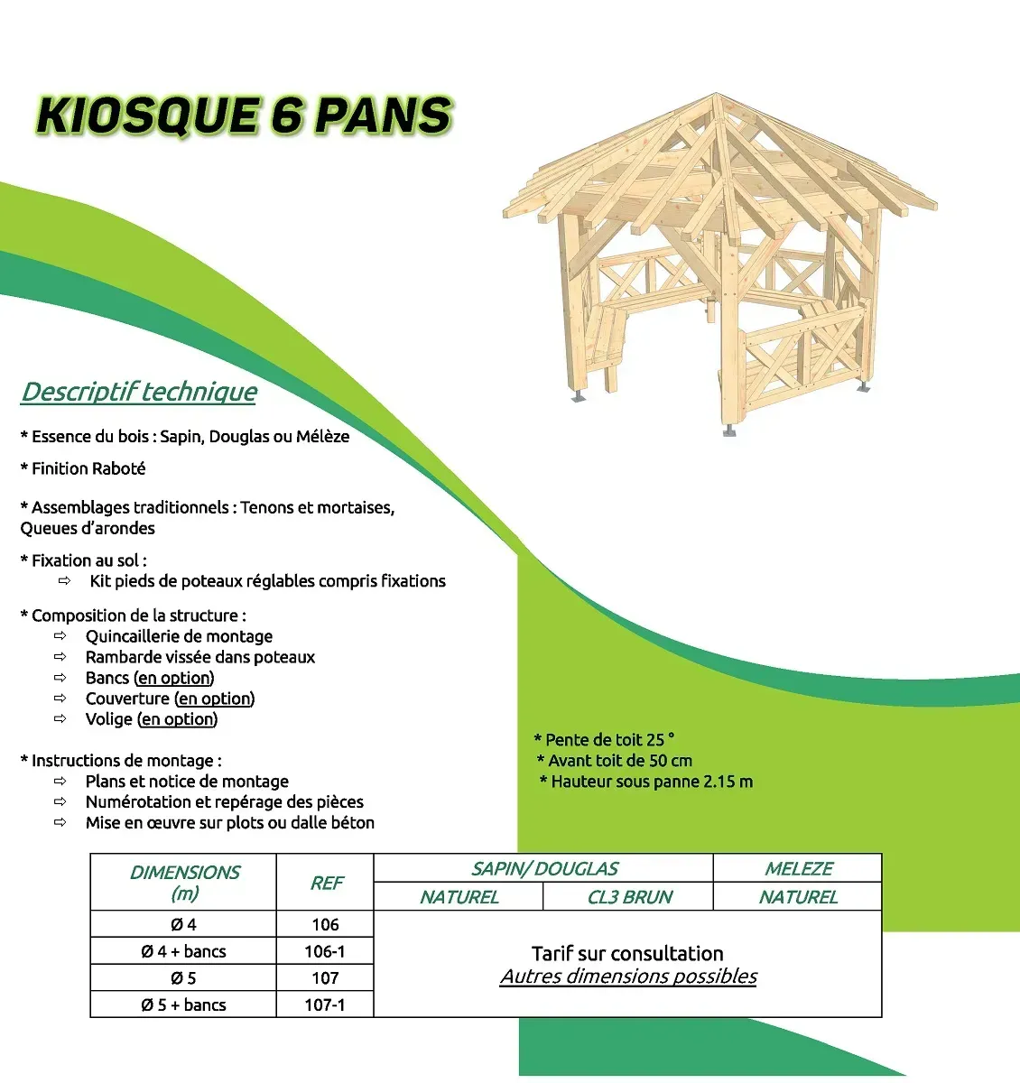 Description avec dessin du kiosque 6 pans