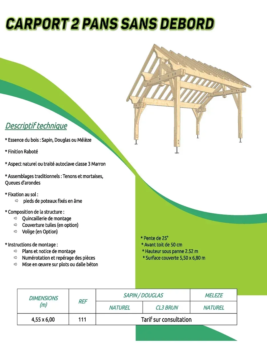 Description et schéma pour le carport 2 pans sans débord