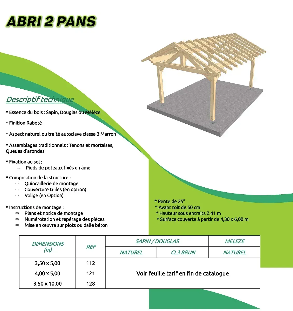 Description et dessin pour l'abri 2 pans