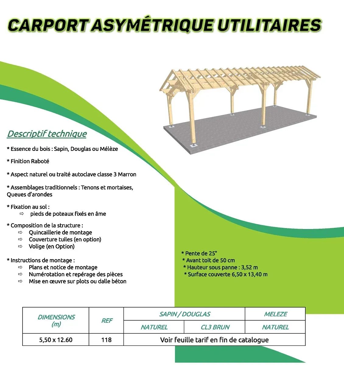 Description et croquis pour le carport asymétrique pour utilitaires