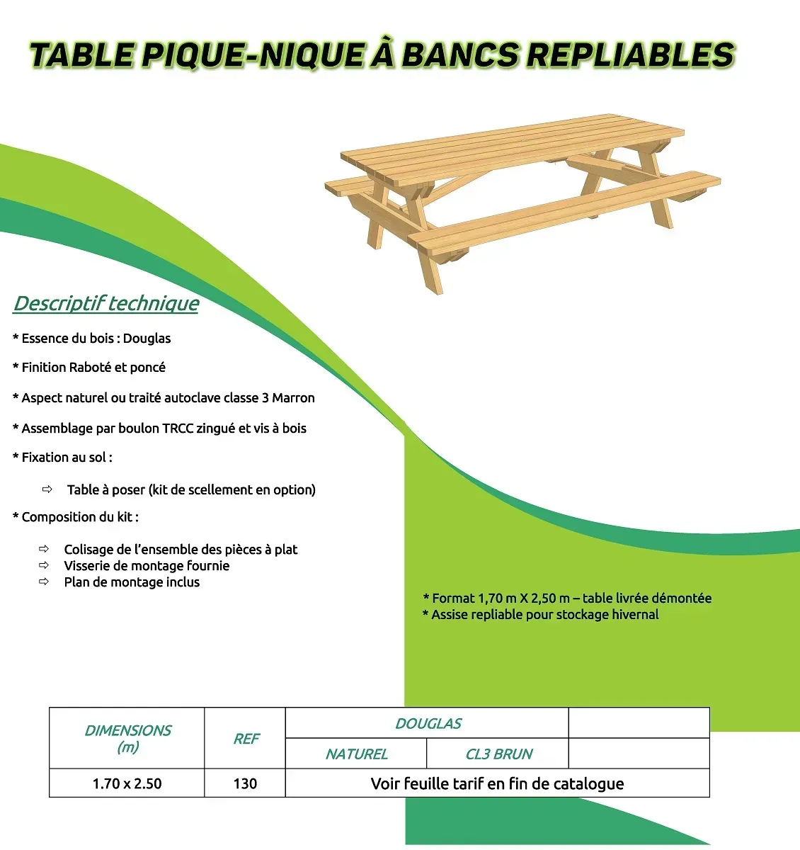 Description de la table pique-nique à bancs repliables avec schéma