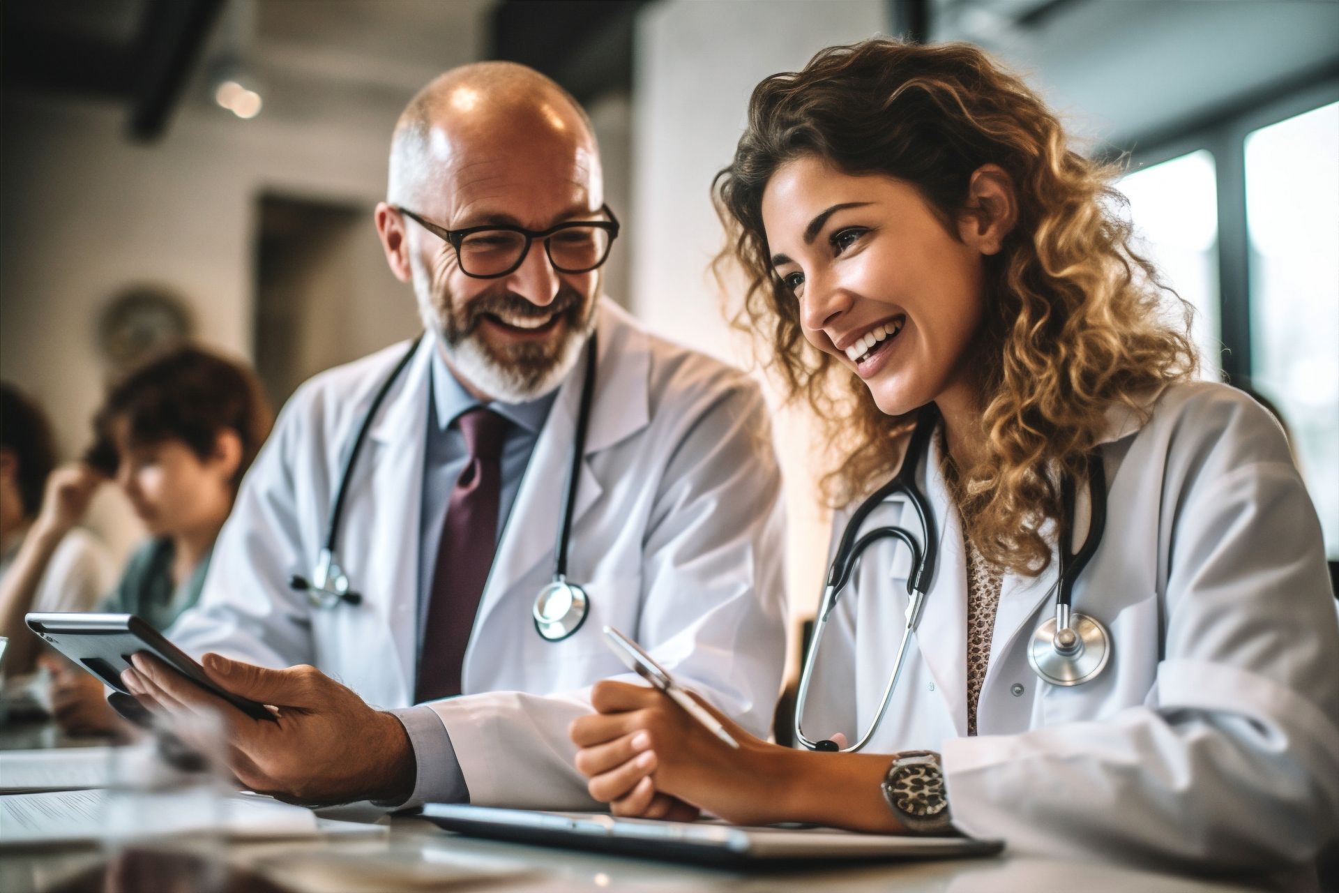 Un hombre y una mujer están sentados en una mesa mirando una tableta.