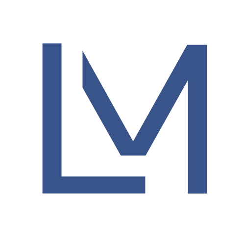 Logo monogramme « LM » bleu.