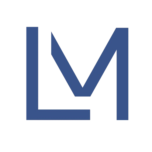 Initiales bleues « LM » dans un carré. « L » à gauche, une partie du « M » superposée sur le « L ».